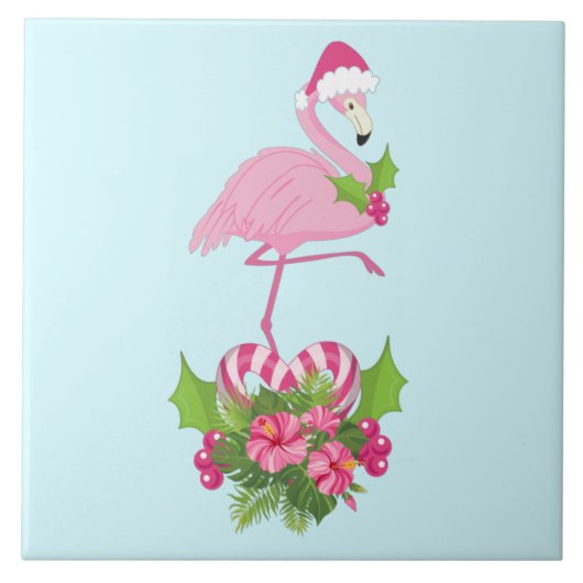 Roze Flamingo in Santa Hat met Candy Cane Bouquet Tegeltje (Voorkant)
