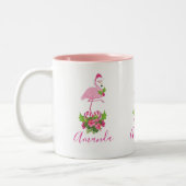 Roze Flamingo in Santa Hat met Candy Cane Bouquet Tweekleurige Koffiemok (Links)