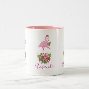 Roze Flamingo in Santa Hat met Candy Cane Bouquet Tweekleurige Koffiemok