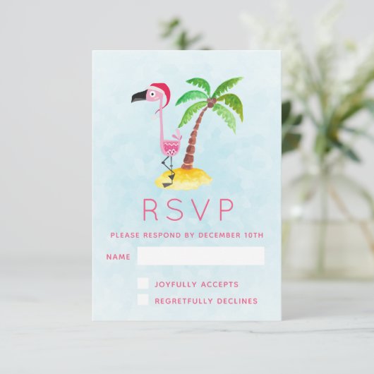 Roze Flamingo in Santa Hat RSVP (Staand voorkant)