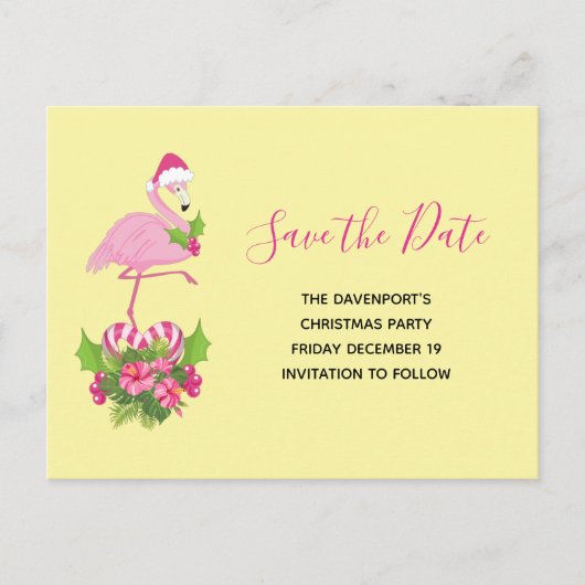 Roze Flamingo in Santa Hat Save the Date Kerstmis Uitnodiging Briefkaart (Voorkant)