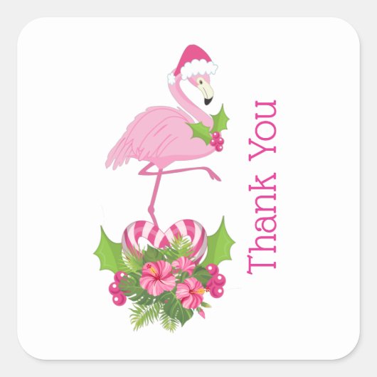 Roze Flamingo in Santa Hat Whimsical Bedankt Vierkante Sticker (Voorkant)