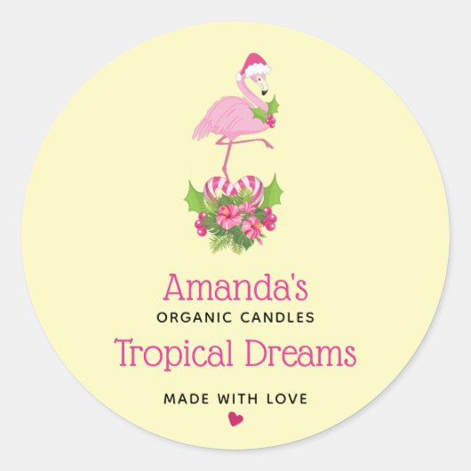 Roze Flamingo in Santa Hat Whimsical Candle Ronde Sticker (Voorkant)