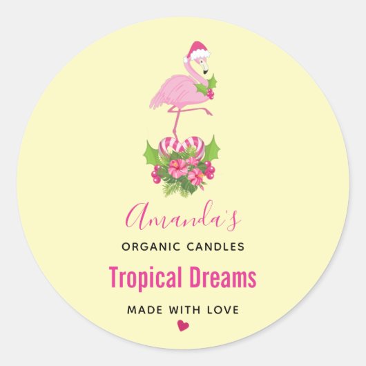 Roze Flamingo in Santa Hat Whimsical Candle Ronde Sticker (Voorkant)