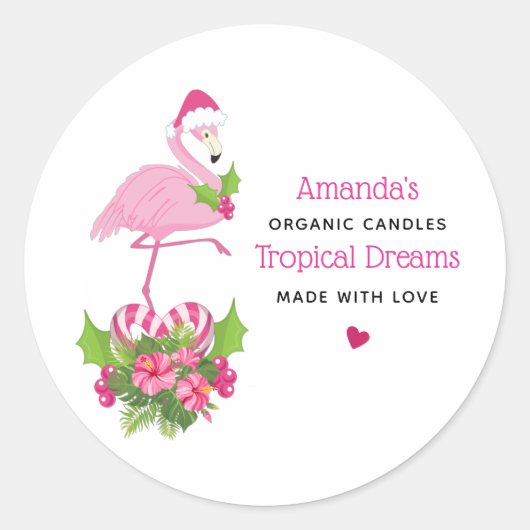 Roze Flamingo in Santa Hat Whimsical Candle Ronde Sticker (Voorkant)