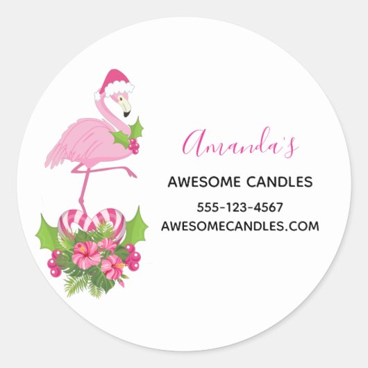 Roze Flamingo in Santa Hat Whimsical Christmas Biz Ronde Sticker (Voorkant)