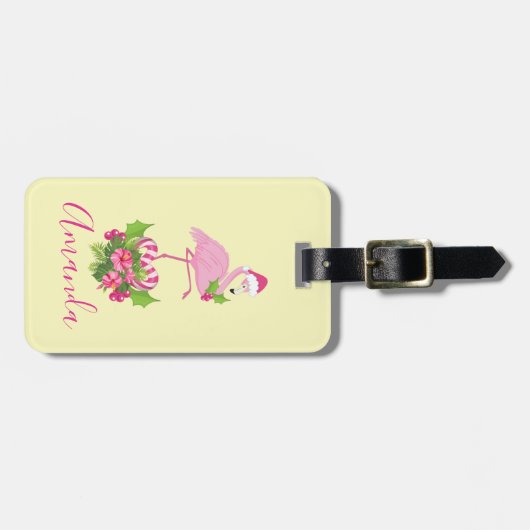 Roze flamingo in Santa Hat Whimsical Kerstmis Bagagelabel (Voorkant horizontaal)