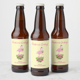 Roze flamingo in Santa Hat Whimsical Kerstmis Bier Etiket