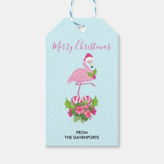 Roze flamingo in Santa Hat Whimsical Kerstmis Cadeaulabel (Voorkant)