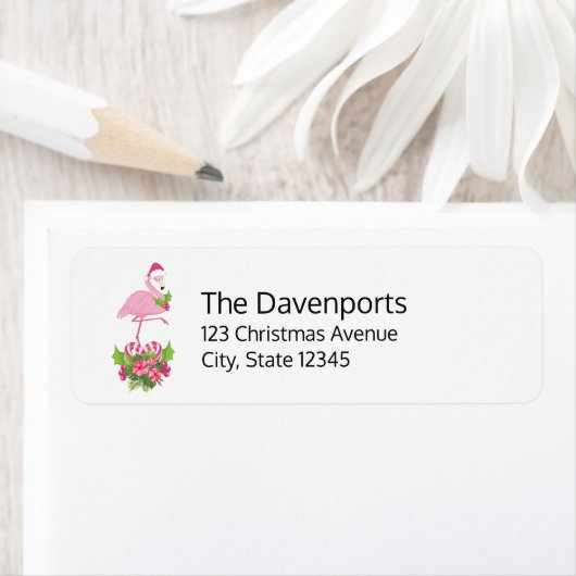 Roze flamingo in Santa Hat Whimsical Kerstmis Etiket (Insitu)