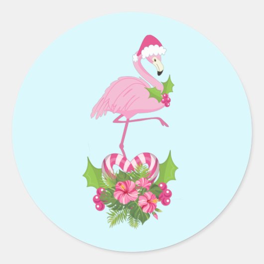 Roze flamingo in Santa Hat Whimsical Kerstmis Ronde Sticker (Voorkant)