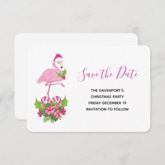 Roze flamingo in Santa Hat Whimsical Kerstmis Save The Date (Voorkant / Achterkant)