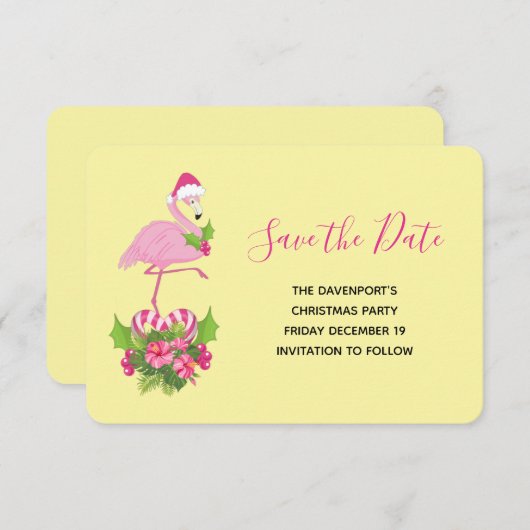 Roze flamingo in Santa Hat Whimsical Kerstmis Save The Date (Voorkant / Achterkant)