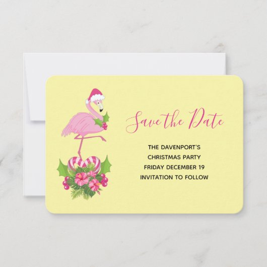 Roze flamingo in Santa Hat Whimsical Kerstmis Save The Date (Voorkant)