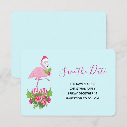Roze flamingo in Santa Hat Whimsical Kerstmis Save The Date (Voorkant / Achterkant)