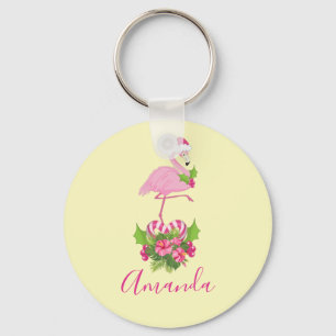 Roze flamingo in Santa Hat Whimsical Kerstmis Sleutelhanger
