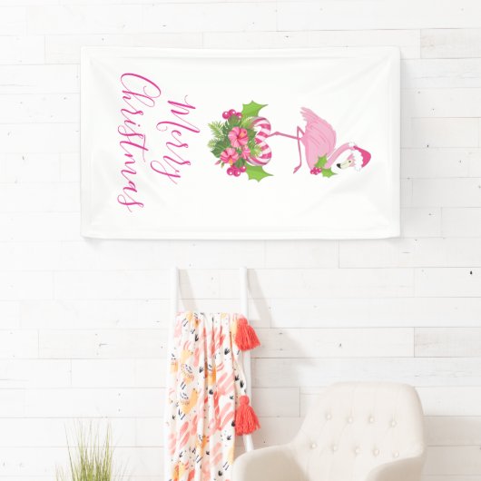 Roze flamingo in Santa Hat Whimsical Kerstmis Spandoek (Insitu)
