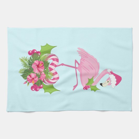 Roze flamingo in Santa Hat Whimsical Kerstmis Theedoek (Horizontaal)