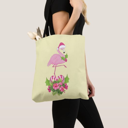 Roze flamingo in Santa Hat Whimsical Kerstmis Tote Bag (Dichtbij)