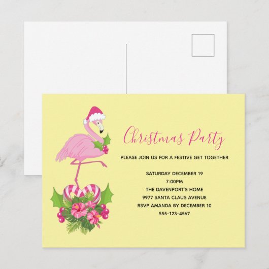 Roze flamingo in Santa Hat Whimsical Kerstmis Uitnodiging Briefkaart (Voorkant / Achterkant)
