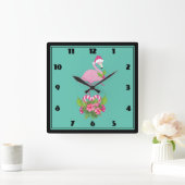 Roze flamingo in Santa Hat Whimsical Kerstmis Vierkante Klok (Huis)