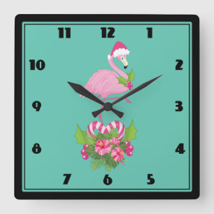Roze flamingo in Santa Hat Whimsical Kerstmis Vierkante Klok