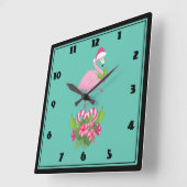Roze flamingo in Santa Hat Whimsical Kerstmis Vierkante Klok (Hoek)