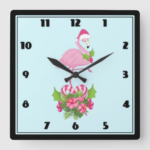 Roze flamingo in Santa Hat Whimsical Kerstmis Vierkante Klok