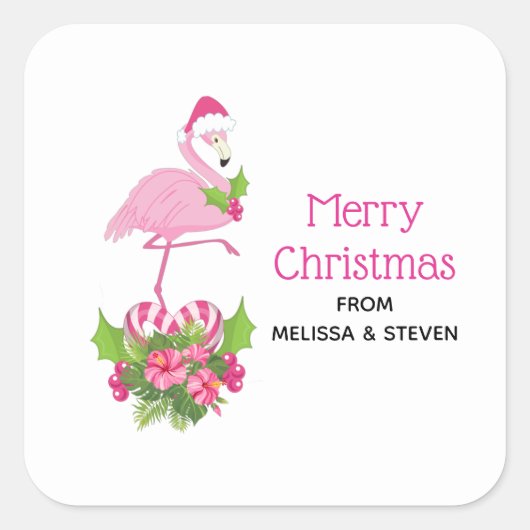 Roze flamingo in Santa Hat Whimsical Kerstmis Vierkante Sticker (Voorkant)