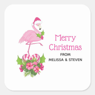 Roze flamingo in Santa Hat Whimsical Kerstmis Vierkante Sticker