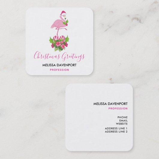 Roze flamingo in Santa Hat Whimsical Kerstmis Vierkante Visitekaartje (Voorkant / Achterkant)