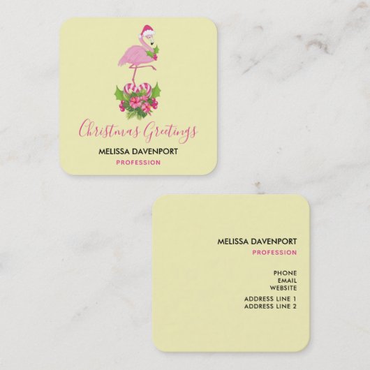 Roze flamingo in Santa Hat Whimsical Kerstmis Vierkante Visitekaartje (Voorkant / Achterkant)