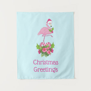 Roze flamingo in Santa Hat Whimsical Kerstmis Wandkleed