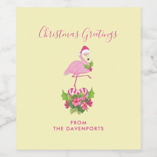 Roze flamingo in Santa Hat Whimsical Kerstmis Wijn Etiket (Enkel label)