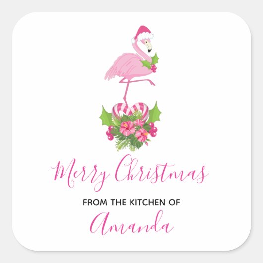 Roze Flamingo in Santa Hat Whimsical Kitchen Vierkante Sticker (Voorkant)