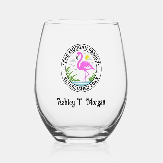 Roze Flamingo in Water Team Naam Datum Est N Wijnglas Zonder Voet (Voorkant)