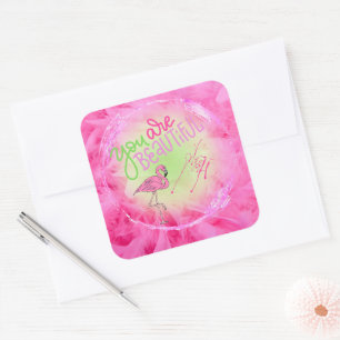 Roze flamingo Je bent prachtig Inspirerend Vierkante Sticker