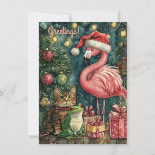 Roze Flamingo Kat & Kikker Tropische Kerstmis Feestdagenkaart
