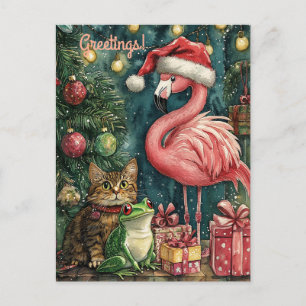 Roze Flamingo Kat & Kikker Tropische Kerstmis Feestdagenkaart