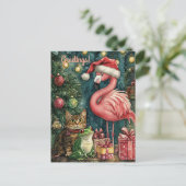 Roze Flamingo Kat & Kikker Tropische Kerstmis Feestdagenkaart (Staand voorkant)