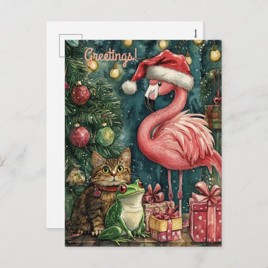 Roze Flamingo Kat & Kikker Tropische Kerstmis Feestdagenkaart (Voorkant / Achterkant)