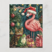 Roze Flamingo Kat & Kikker Tropische Kerstmis Feestdagenkaart (Voorkant)