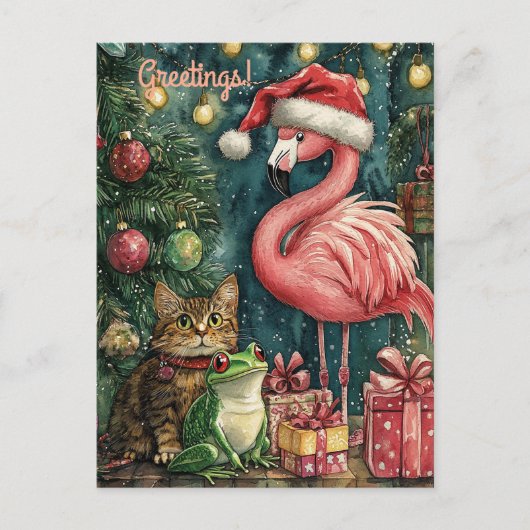Roze Flamingo Kat & Kikker Tropische Kerstmis Feestdagenkaart (Voorkant)