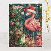 Roze Flamingo Kat & Kikker Tropische Kerstmis Kaart (Gele Bloem)