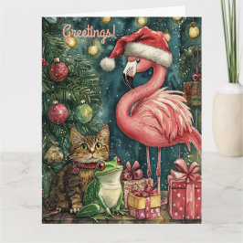 Roze Flamingo Kat & Kikker Tropische Kerstmis Kaart