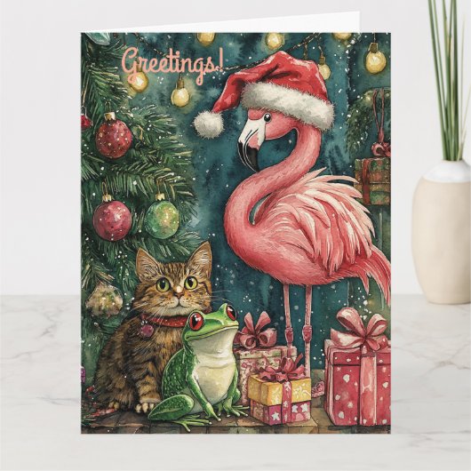 Roze Flamingo Kat & Kikker Tropische Kerstmis Kaart (Voorkant)