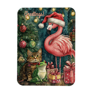 Roze Flamingo Kat & Kikker Tropische Kerstmis Magneet