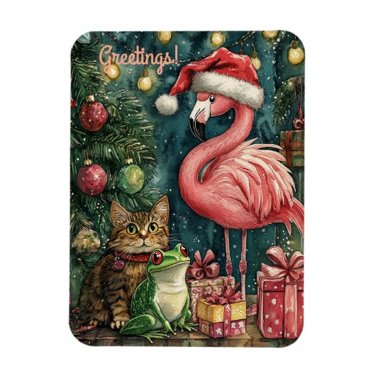 Roze Flamingo Kat & Kikker Tropische Kerstmis Magneet (Verticaal)
