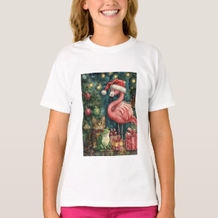 Roze Flamingo Kat & Kikker Tropische Kerstmis T-shirt