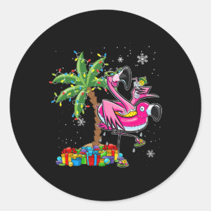 Roze Flamingo Kerst Palm Tree Tropische Kerstmis H Ronde Sticker